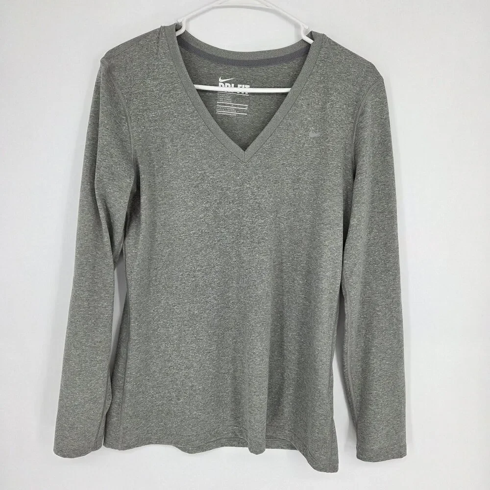 Nike Dri-FIT Womens Lot 2 Long Sleeve V-Neck Athletic T-Shirt Sz M Gray Orange